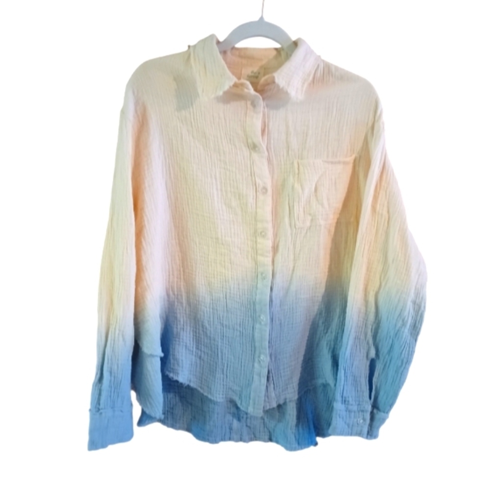 ❤️‍🔥 Blue Buttercup Womens Small 100% Cotton Linen Cream Blue Button Up Shirt